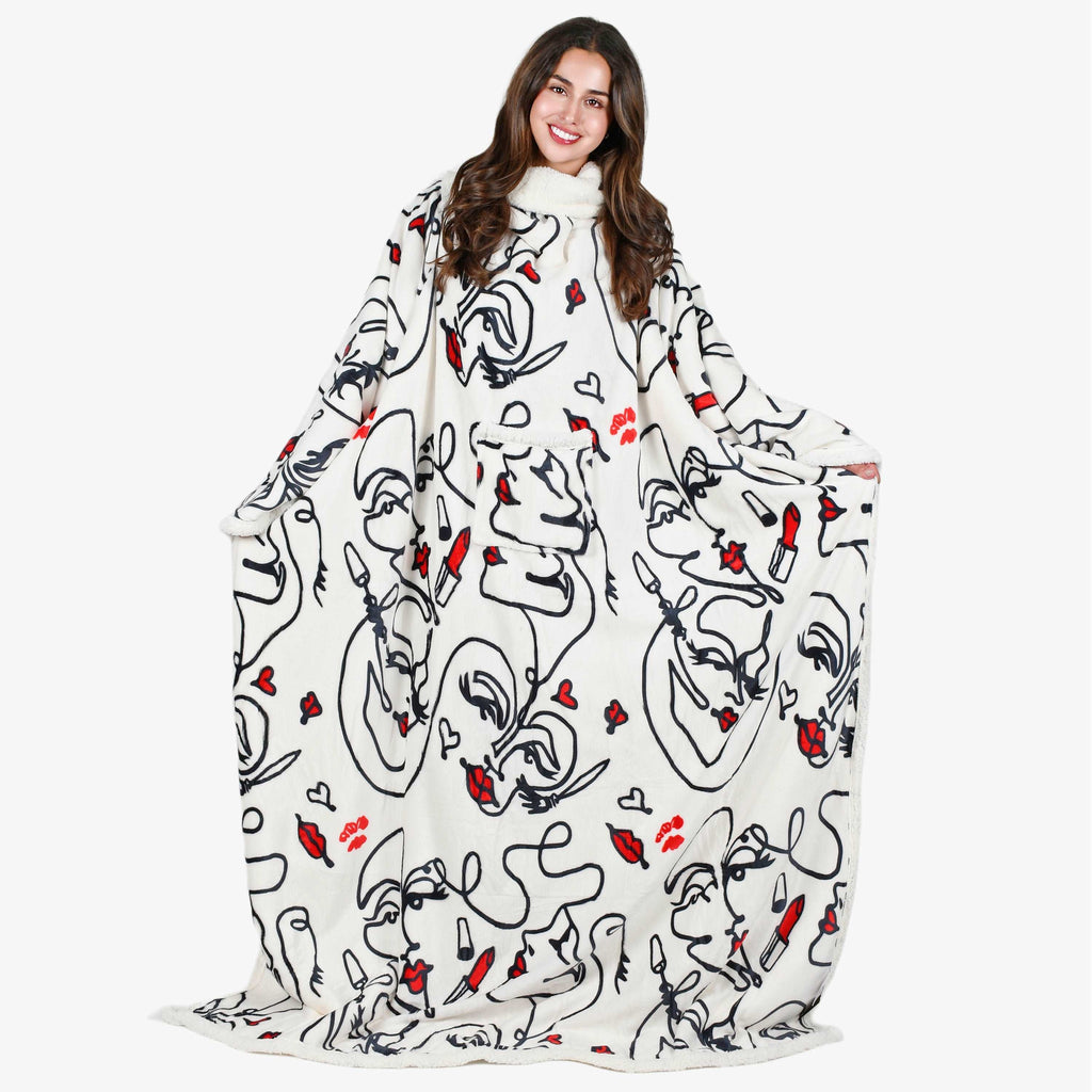 Abstract Face White Microplush Sherpa Blanket with Sleeves for Adult