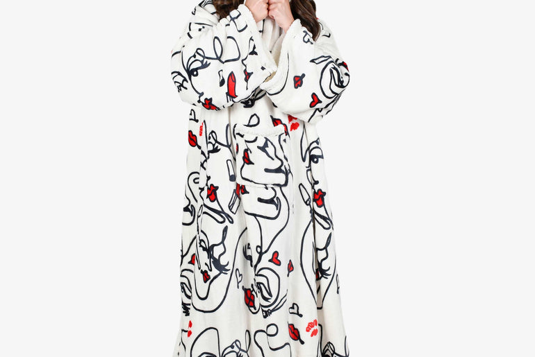 Abstract Face White Microplush Sherpa Blanket with Sleeves for Adult