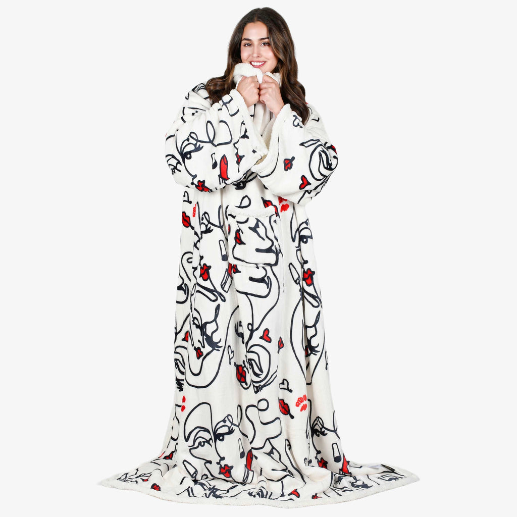 Abstract Face White Microplush Sherpa Blanket with Sleeves for Adult