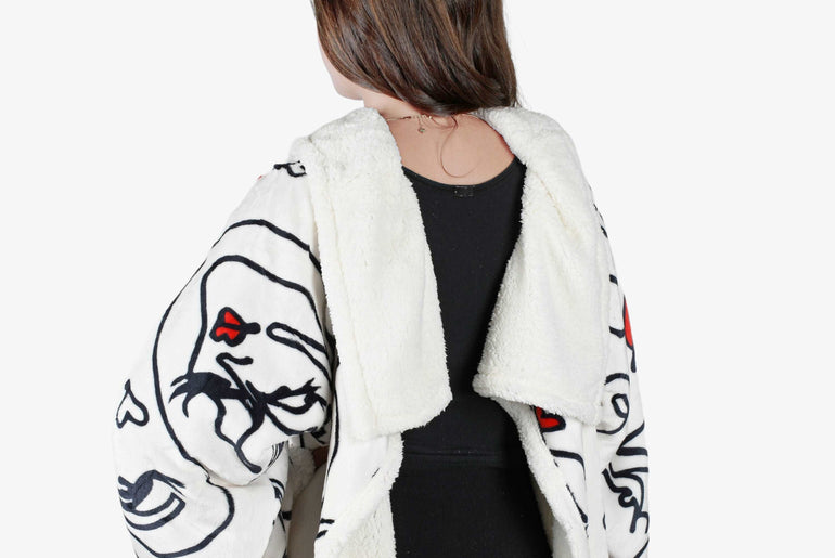Abstract Face White Microplush Sherpa Blanket with Sleeves for Adult