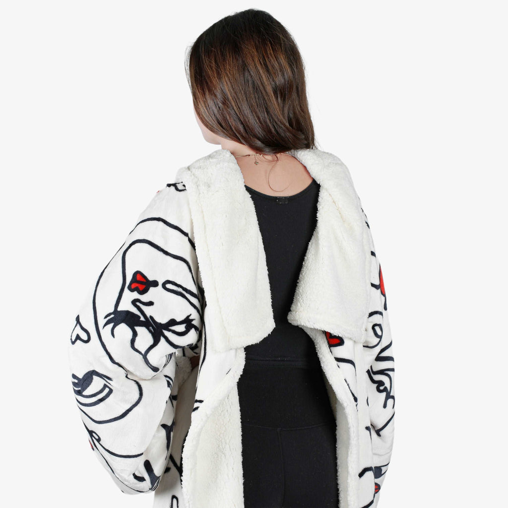 Abstract Face White Microplush Sherpa Blanket with Sleeves for Adult