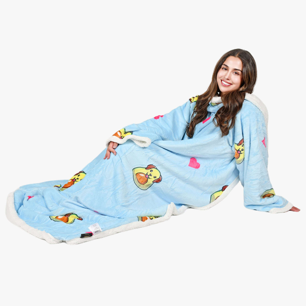 Avocado Dog Blue Microplush Sherpa Blanket with Sleeves for Adult