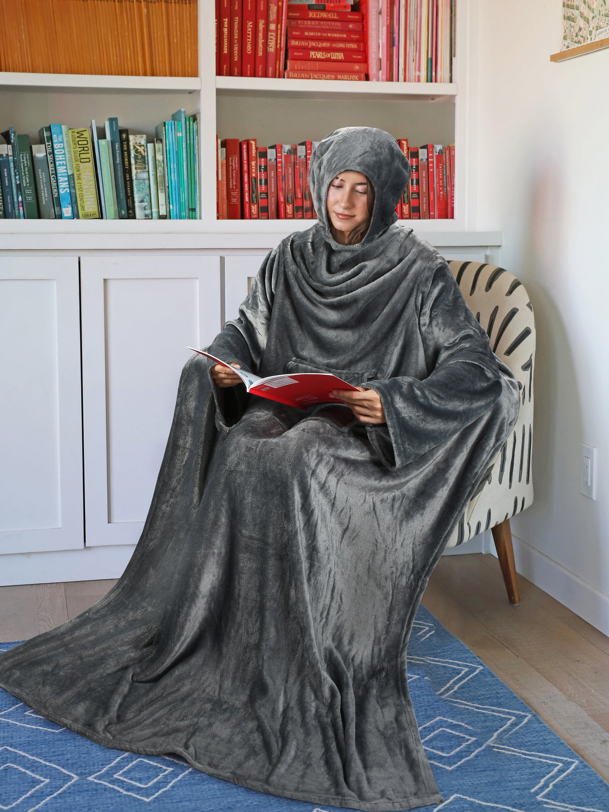 Long Fleece Wearable Poncho Blanket with Hood